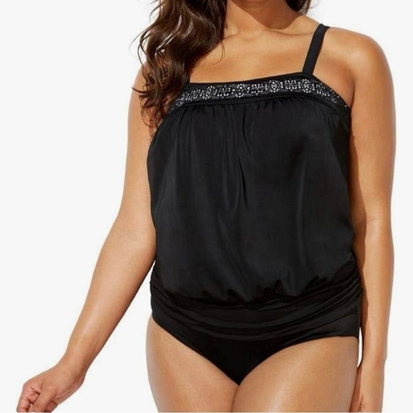 Swimsuits For All Laser Cut Blouson Tankini Set Black Plus size 18 NEW Beach - Picture 12 of 16